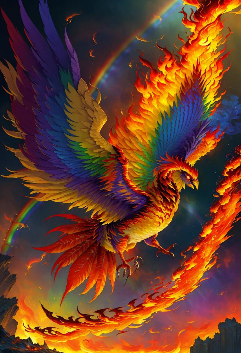 ((best quality)), ((masterpiece)), ((ultra realistic)), ((surrealistic fantasy style)), beautiful intricately detailed soft oil painting by jim lee, mythological bird of prey, facing viewer, a stunningly beautiful and powerful monstrous phoenix erupting from the ashes, awe inspiring legendary fire bird, (vibrant rainbow flames everywhere, colorful conflagration, spiraling inferno:1.5), vast spread symmetrical flaming wings, ultra detailed feathers, razor sharp talons, unparalleled magical energy, soft edge lighting, ((flying)), professional, soft volumetric lighting, depth of field, film grain, smooth, roughness, real life, warm vibrant color palette