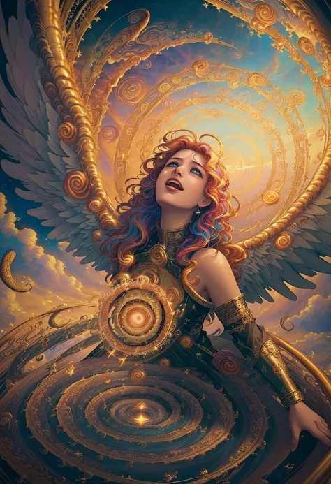 ((best quality)), ((masterpiece)), ((ultra realistic)), ((dark fantasy style)), beautiful intricately detailed soft oil painting, (heaven:1.4), (a jubilant angel:1.2), parted clouds and an infinite golden staircase, vast golden city, (fractal eternity, swirling spiraling rapturous geometric sky ,angelic vista, vibrant colors:1.5), hard edge lighting, professional, soft volumetric lighting, depth of field, film grain, smooth, roughness, real life,