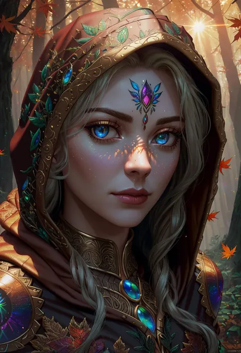 ((best quality)), ((masterpiece)), ((ultra realistic)), ((dark fantasy style)), beautiful intricately detailed soft oil painting by Alex Grey,hypnotically beautiful wood elf in a verdant forest, beauty mark, ((wearing skimpy soft leather armor and an intricately embroidered hooded rainbow cloak, autumnal)), mesmerizing eyes, emotive longing expression, sun set, soft edge lighting, highly detailed, ((close up portrait)), professional, 8k, uhd, soft volumetric lighting, depth of field, film grain, smooth, roughness, real life,