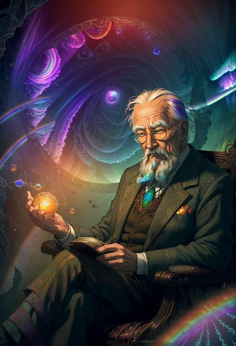 ((best quality)), ((masterpiece)), ((ultra realistic)), ((dark fantasy style)), beautiful intricately detailed soft oil painting by jim lee, (Carl Gustav Jung:1.4), (old man, grandfather sitting in his library:1.2), sitting in his elegant study, short gray hair, tweed suit, (fractal patterns swirling though a dimensional tear, rift in time and space, rainbow aurora:1.5), professional, soft volumetric lighting, depth of field, smooth, real life, soft warm vibrant color palette, cinematic film still