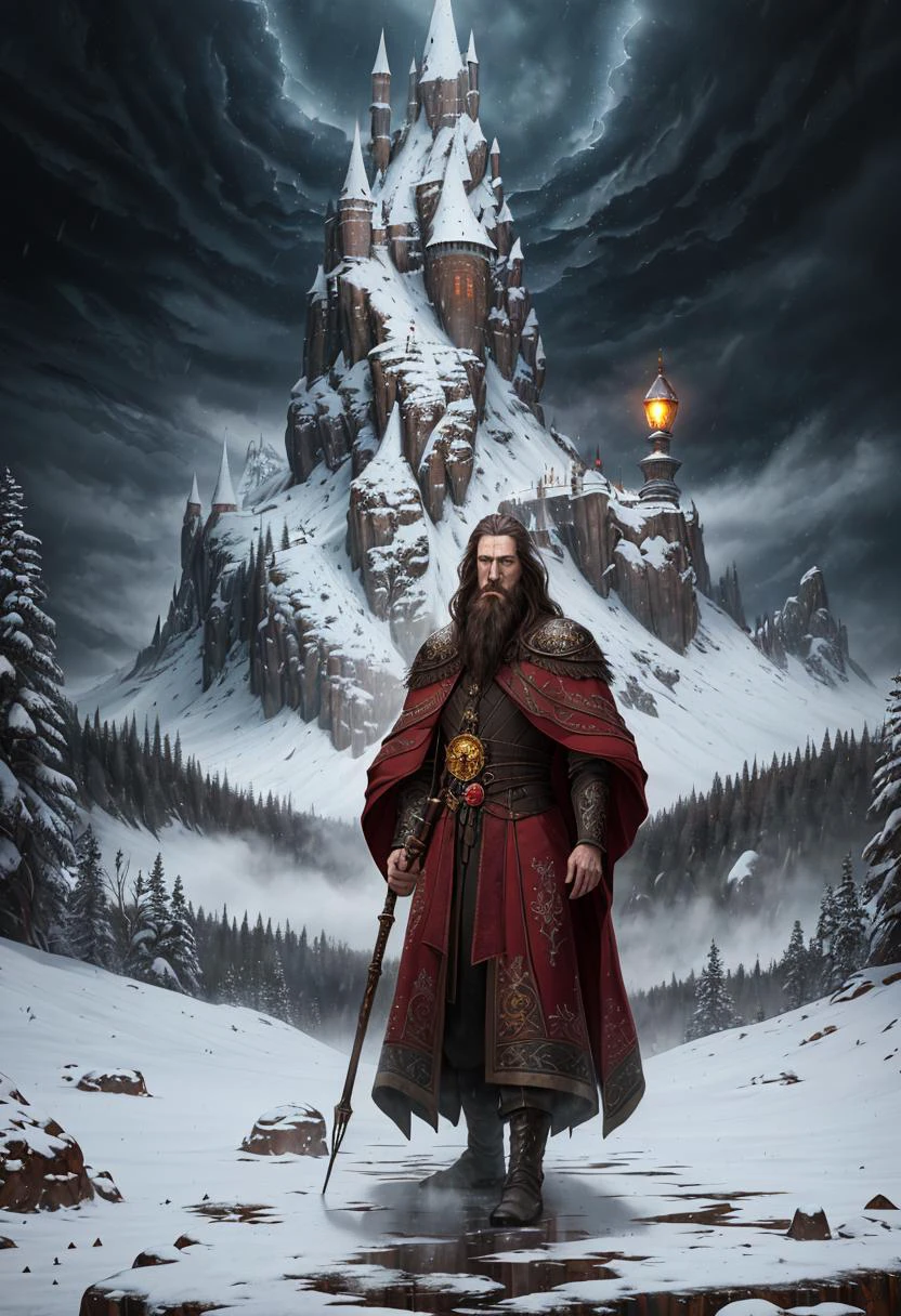 ((best quality)), ((masterpiece)), ((ultra realistic)), ((dark fantasy style)), beautiful intricately detailed soft oil painting by Alex Grey, old wizard standing on a path in a snow storm, billowing embroidered robes, long beard, staff, vast snowy mountain range, blizzard, sprawling medieval city in the distance, hard edge lighting, professional, soft volumetric lighting, depth of field, film grain, smooth, roughness, real life,