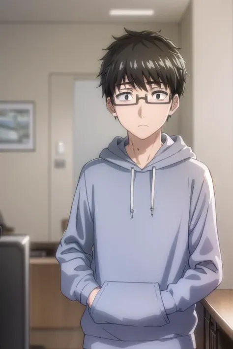 koikimomasuda, <lora:koikimo masuda s1-lora-nochekaiser:1>,
masuda, short hair, black hair, male focus, glasses, black-framed eyewear, (black eyes:1.5),
BREAK socks, pants, hood, hoodie, hood down, grey pants, grey socks, orange hoodie,
BREAK indoors,
BREAK looking at viewer, (cowboy shot:1.5),
BREAK <lyco:GoodHands-beta2:1>, (masterpiece:1.2), best quality, high resolution, unity 8k wallpaper, (illustration:0.8), (beautiful detailed eyes:1.6), extremely detailed face, perfect lighting, extremely detailed CG, (perfect hands, perfect anatomy),
