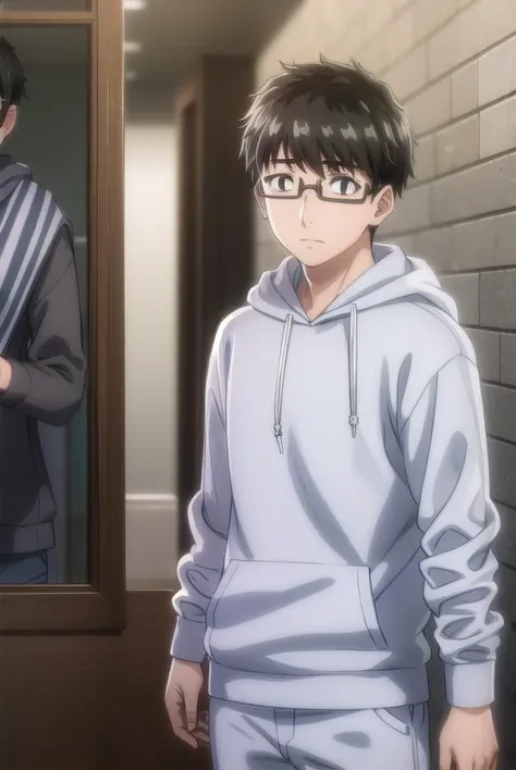 koikimomasuda, <lora:koikimo masuda s1-lora-nochekaiser:1>,
masuda, short hair, black hair, male focus, glasses, black-framed eyewear, (black eyes:1.5),
BREAK socks, pants, hood, hoodie, hood down, grey pants, grey socks, orange hoodie,
BREAK indoors,
BREAK looking at viewer, (cowboy shot:1.5),
BREAK <lyco:GoodHands-beta2:1>, (masterpiece:1.2), best quality, high resolution, unity 8k wallpaper, (illustration:0.8), (beautiful detailed eyes:1.6), extremely detailed face, perfect lighting, extremely detailed CG, (perfect hands, perfect anatomy),