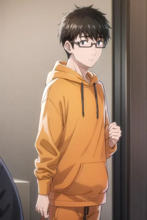 koikimomasuda, <lora:koikimo masuda s1-lora-nochekaiser:1>,
masuda, short hair, black hair, male focus, glasses, black-framed eyewear, (black eyes:1.5),
BREAK socks, pants, hood, hoodie, hood down, grey pants, grey socks, orange hoodie,
BREAK indoors,
BREAK looking at viewer, (cowboy shot:1.5),
BREAK <lyco:GoodHands-beta2:1>, (masterpiece:1.2), best quality, high resolution, unity 8k wallpaper, (illustration:0.8), (beautiful detailed eyes:1.6), extremely detailed face, perfect lighting, extremely detailed CG, (perfect hands, perfect anatomy),