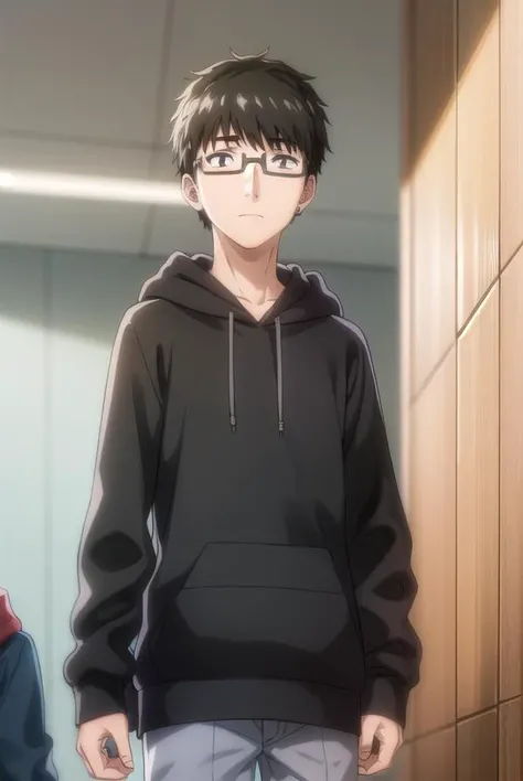 koikimomasuda, <lora:koikimo masuda s1-lora-nochekaiser:1>,
masuda, short hair, black hair, male focus, glasses, black-framed eyewear, (black eyes:1.5),
BREAK socks, pants, hood, hoodie, hood down, grey pants, grey socks, orange hoodie,
BREAK indoors,
BREAK looking at viewer, (cowboy shot:1.5),
BREAK <lyco:GoodHands-beta2:1>, (masterpiece:1.2), best quality, high resolution, unity 8k wallpaper, (illustration:0.8), (beautiful detailed eyes:1.6), extremely detailed face, perfect lighting, extremely detailed CG, (perfect hands, perfect anatomy),