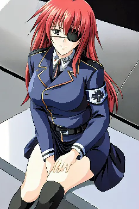 margit eberbach, best quality, masterpiece, 1girl, eye patch, military uniform, black clothes, armband, smile, hands between legs, school, sitting on desk, <lora:Margit_Eberbach:0.6>,   <lora:style_pc98GalgameElfRetroSemi_v10:0.8>