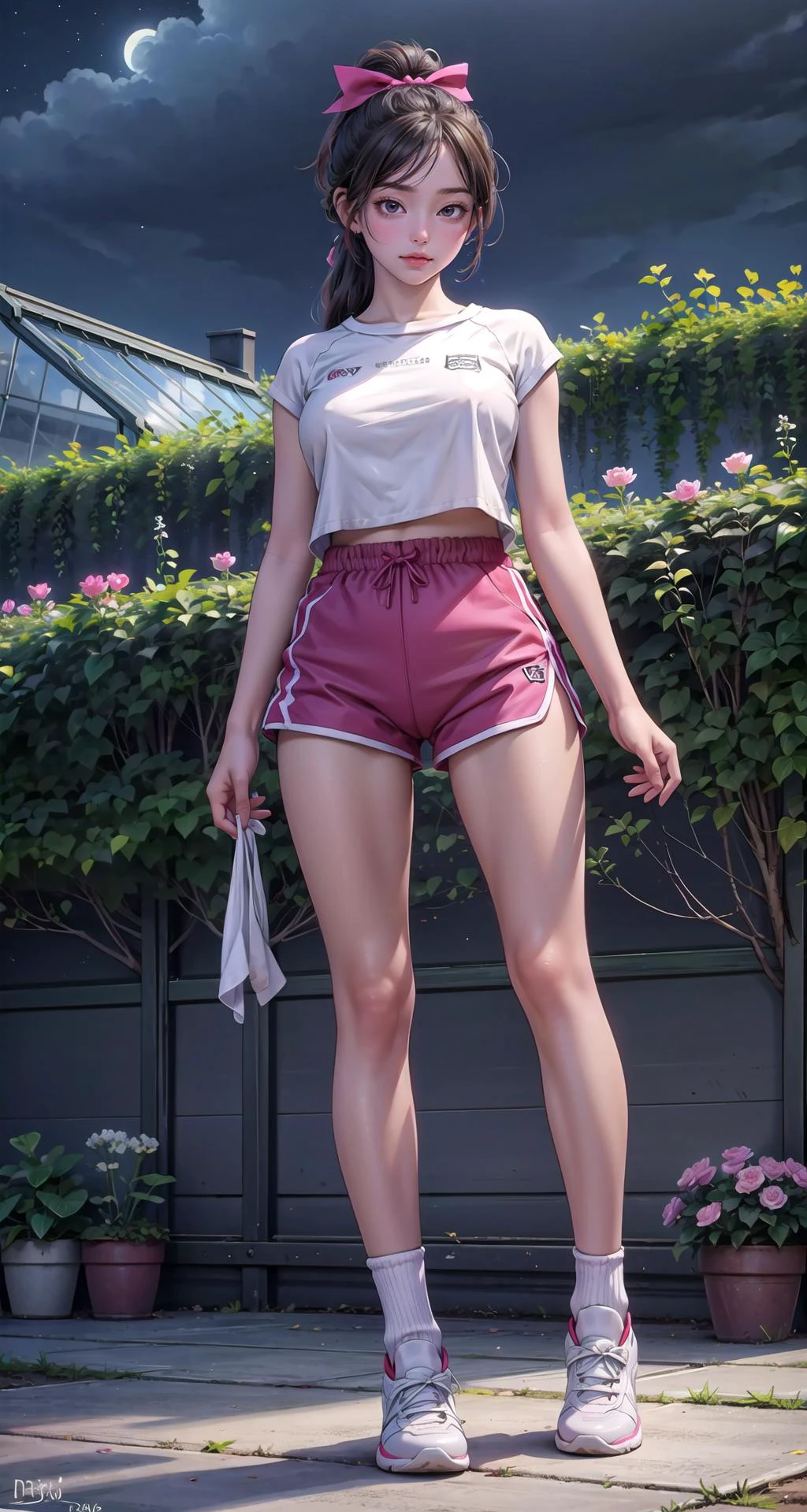 realistic:1.49, (masterpiece),(intricate details),1girl,mature female,Sleek pixie cut,,pale skin,huge breasts:1.3
BREAK
Gyms, fitness studios
, Athletic wear, workout clothes
, Exercising, attending fitness classes, using gym equipment
Ruffled Blouse
,High-waisted Shorts
,Bobby Folded Socks
,Mary Jane Flats
,Hair Bow
,Blouse - Zara, Shorts - H&M, Folded Socks - Topshop, Shoes - Marc Jacobs, Hair Bow - Urban Outfitters
barefoot,
BREAK
moon,night,meteor,hanabi,((cumulonimbus)),((reclining on the Botanical garden: Flowers, plants, greenhouse, nature, beauty)),
((full body)),from below:1.3,depth of field,looking at viewer,