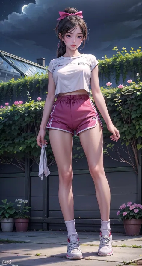 realistic:1.49,  (masterpiece),(intricate details),1girl,mature female,Sleek pixie cut,,pale skin,huge breasts:1.3
BREAK 
Gyms, fitness studios
 , Athletic wear, workout clothes
 , Exercising, attending fitness classes, using gym equipment
Ruffled Blouse
 ,High-waisted Shorts
 ,Bobby Folded Socks
 ,Mary Jane Flats
 ,Hair Bow
 ,Blouse - Zara, Shorts - H&M, Folded Socks - Topshop, Shoes - Marc Jacobs, Hair Bow - Urban Outfitters
barefoot,
BREAK
moon,night,meteor,hanabi,((cumulonimbus)),((reclining on the Botanical garden: Flowers, plants, greenhouse, nature, beauty)),
((full body)),from below:1.3,depth of field,looking at viewer,