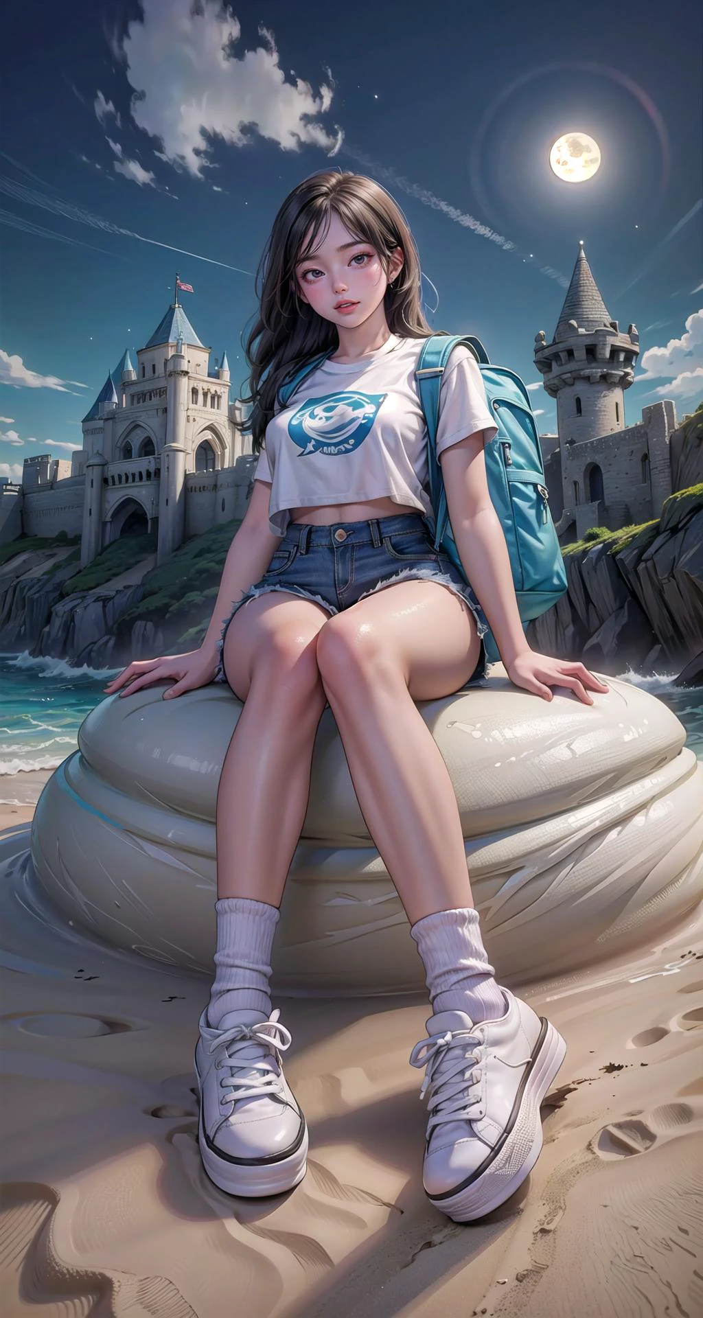 realistic:1.49,(masterpiece),(intricate details),1girl,mature female,Textured lob,,pale skin,large breasts:1.3
BREAK
Office buildings, co-working spaces , Professional/business attire , Attending meetings, working on projects, networking
Graphic T-shirt
,Denim Shorts
,Ruffled Folded Socks
,Platform Sneakers
,Backpack
,T-shirt - Urban Outfitters, Shorts - Topshop, Folded Socks - Forever 21, Shoes - Vans, Backpack - Herschel
Folded Socks,converse,
BREAK
moon,night,meteor,hanabi,((cumulonimbus)),((reclining on the Beach: Sea, sand, sun, bikini, waves, sandcastle)),
((full body)),from below:1.2,depth of field,looking at viewer,