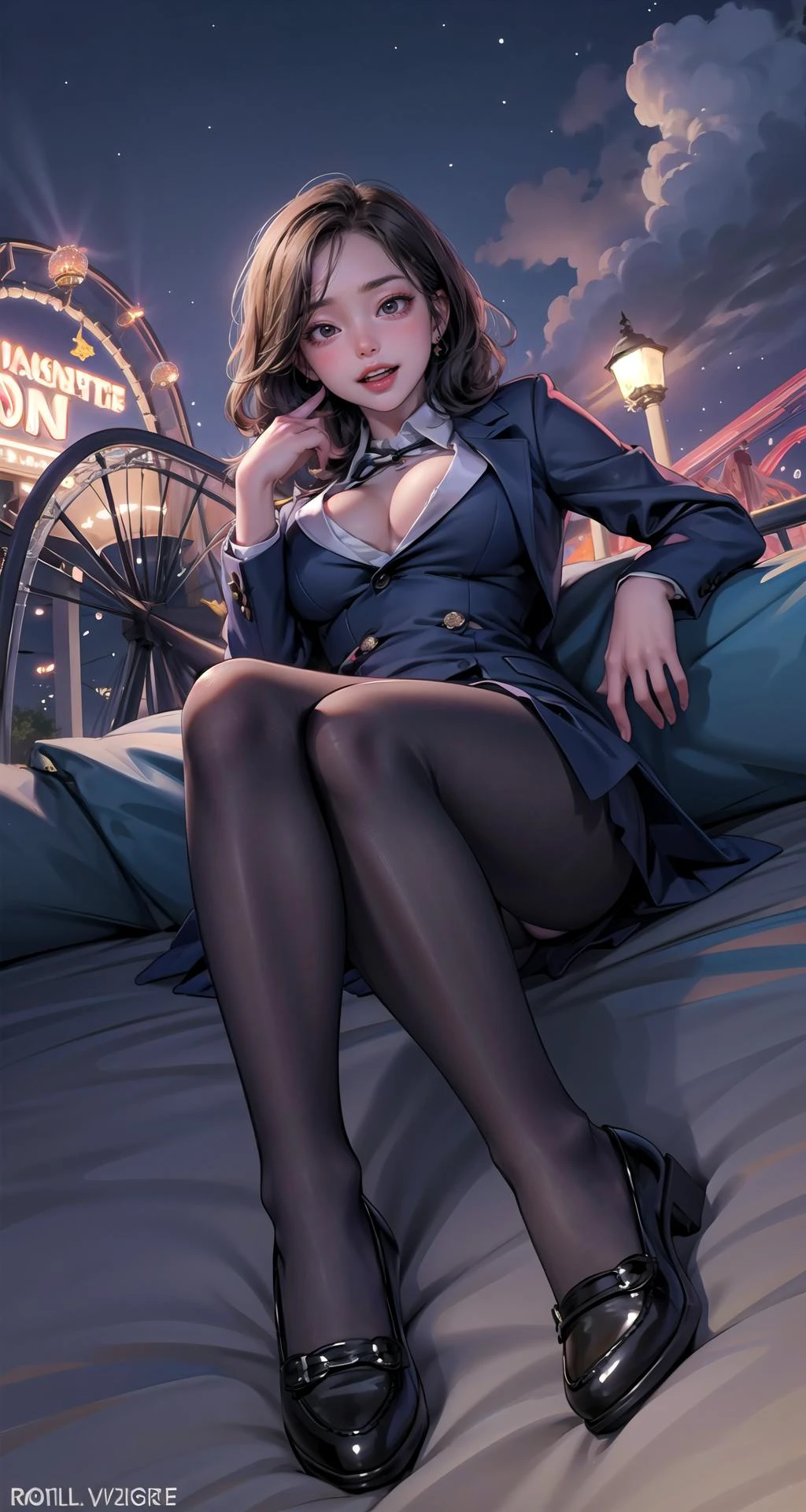 realistic:1.49, (masterpiece),(intricate details),1girl,mature female,Shaggy cut,,pale skin,huge breasts
BREAK
polka_dots_blazer_dress,shiny_pantyhose,flat_shoes
BREAK
moon,night,meteor,hanabi,((cumulonimbus)),((lying on the Amusement park: Rides, roller coasters, fun, laughter, thrill)),((portrait)),
from below:1.3,depth of field,looking at viewer,