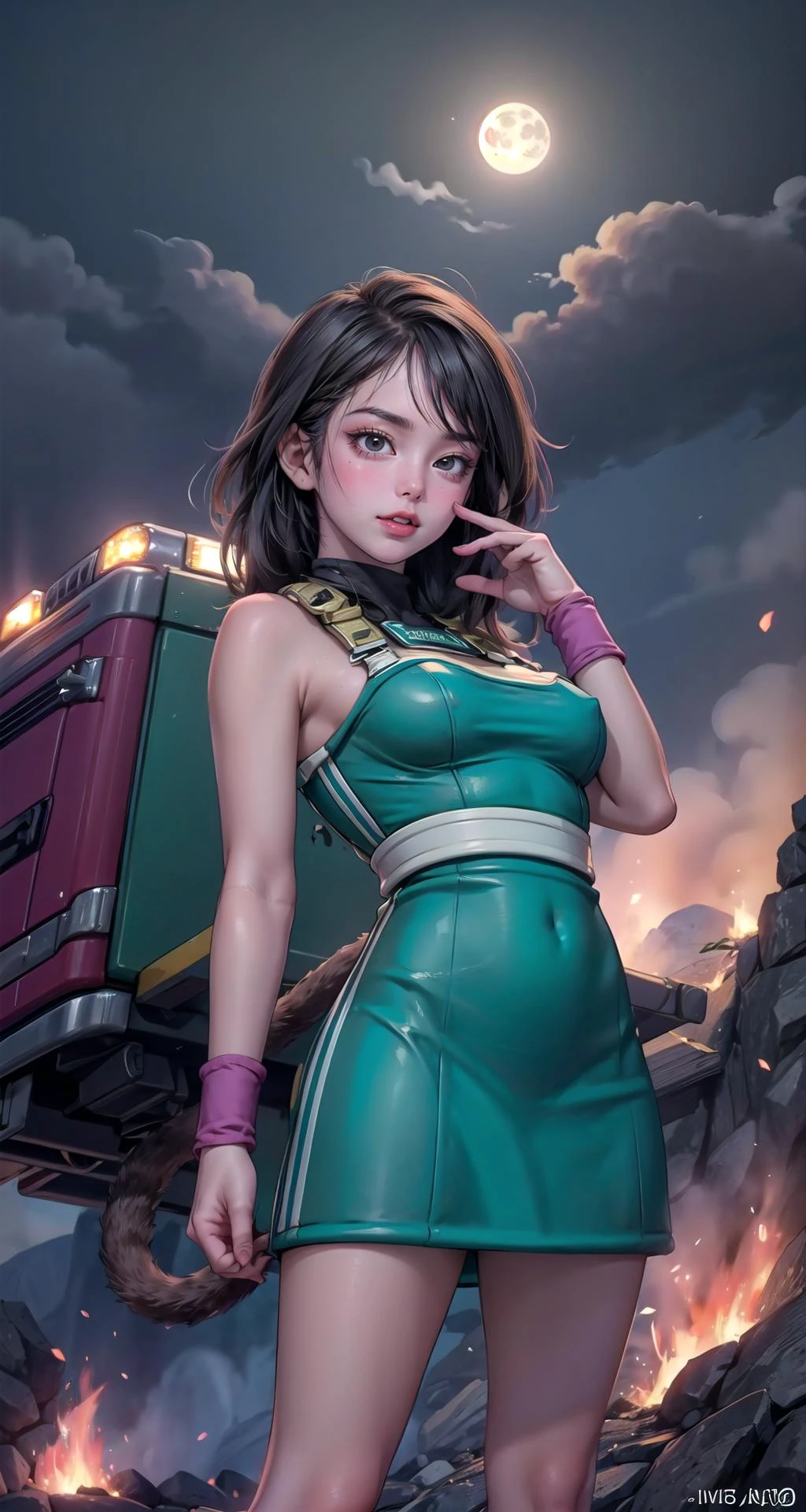 realistic:1.49, (masterpiece),(intricate details),1girl,mature male,pale skin,large breasts:1.3
BREAK
gine, saiyan armor, green skirt, wristband, black pantyhose, tail, furrowed brow, <lora:gine-nvwls-v1-final:0.9>, ai's pose, :p, v, double v, symbol-shaped pupils
BREAK
moon,night,meteor,hanabi,((cumulonimbus)),((standing on the Fire station: Firefighters, truck, sirens, rescue, bravery)),((portrait)),
from below:1.1,depth of field,looking at viewer,