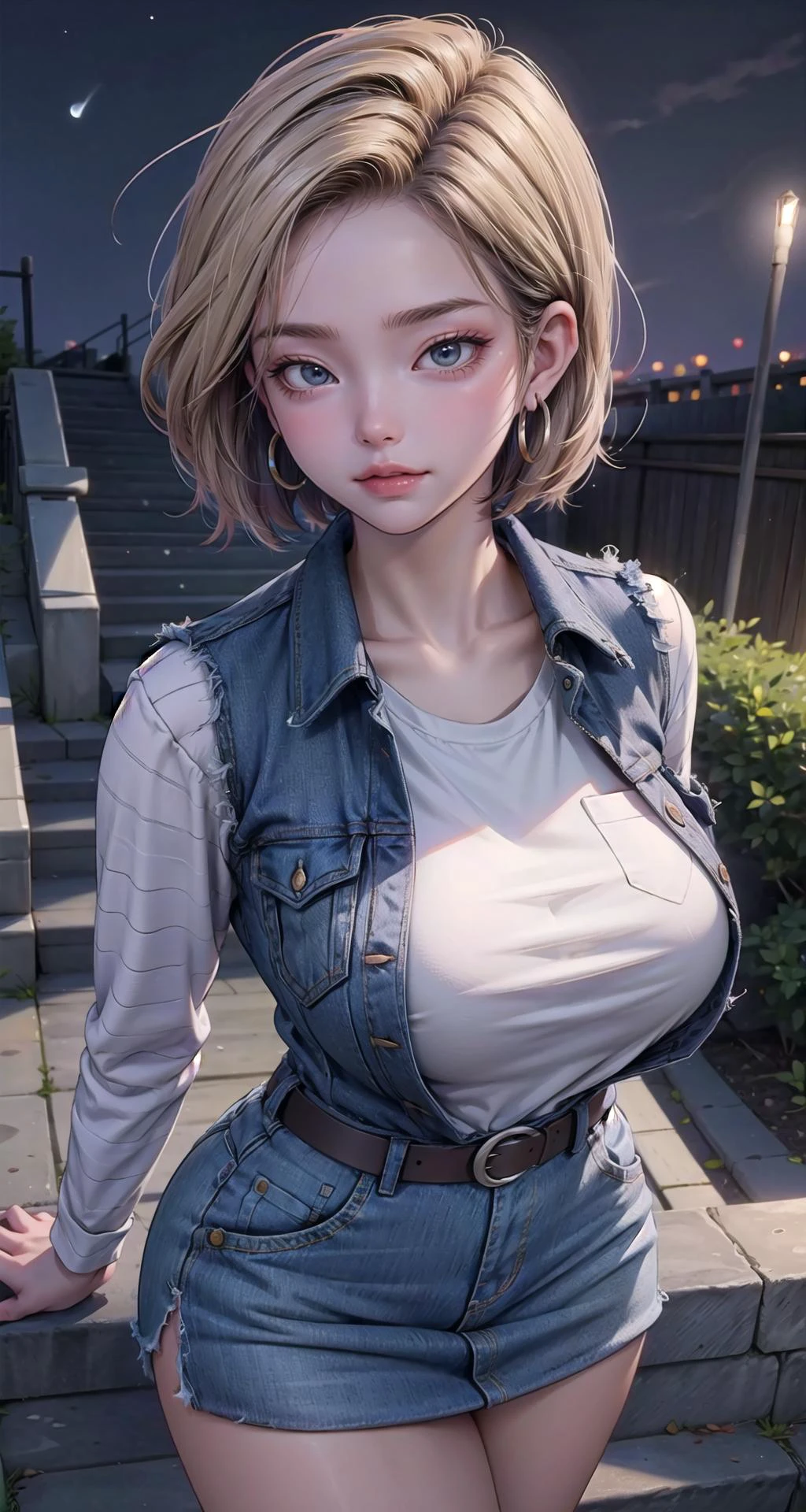 realistic:1.49, (masterpiece),(intricate details),1girl,mature male,pale skin,huge breasts:1.49
BREAK
android18, <lora:android18test:1>, android 18, blonde hair, blue eyes, eyelashes, hoop earrings, short hair, earrings, BREAK belt, black legwear, ((black shirt, breast pocket)), cleavage, collarbone, denim, denim skirt, high-waist skirt, jewelry, long sleeves, pocket, shirt, shirt tucked in, skirt, striped, striped sleeves, waistcoat,
BREAK
moon,night,meteor,hanabi,((cumulonimbus)),((reclining on the stairs)),((upper body)),
from above:1.3,depth of field,looking at viewer,