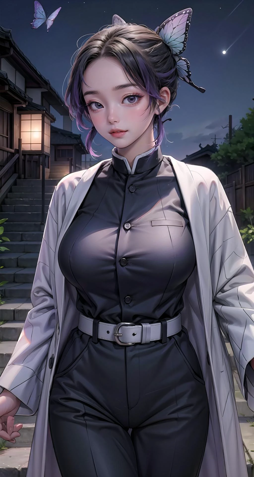 realistic:1.49, (masterpiece),(intricate details),1girl,mature male,pale skin,huge breasts:1.49
BREAK
shinobukochou, <lora:shinobukochoutest:1>, shinobu kochou, animal print, black hair, butterfly, butterfly hair ornament, butterfly print, forehead, gradient hair, hair ornament, haori, multicolored hair, parted bangs, purple hair, short hair, two-tone hair, BREAK belt, black pants, butterfly print, coat, demon slayer uniform, haori, japanese clothes, pants, uniform,
BREAK
moon,night,meteor,hanabi,((cumulonimbus)),((walking on the stairs)),((upper body)),
from below:1.3,depth of field,looking at viewer,