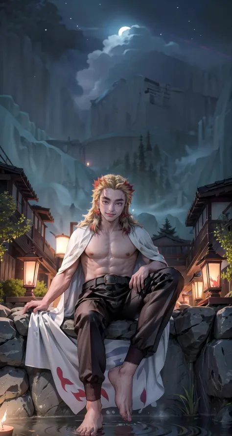 realistic:1.49, (masterpiece),(intricate details),1boy,mature male,Messy bun with loose tendrils,,pale skin,large breasts:1.49
BREAK 
<lora:Rengoku_Kyoujurou_v1:0.9>,rengoku kyoujurou, 1boy, blonde hair, thick eyebrows, smile, demon slayer uniform, white cape, flame print, black jacket, belt, black pants, feet out of frame, forest, nature, river, sword, weapon, sheath
BREAK
moon,night,meteor,hanabi,((cumulonimbus)),((sit on the Spa resort: Massage, hot springs, relaxation, rejuvenation, luxury)),((full body)),
from below:1.3,depth of field,looking at viewer,