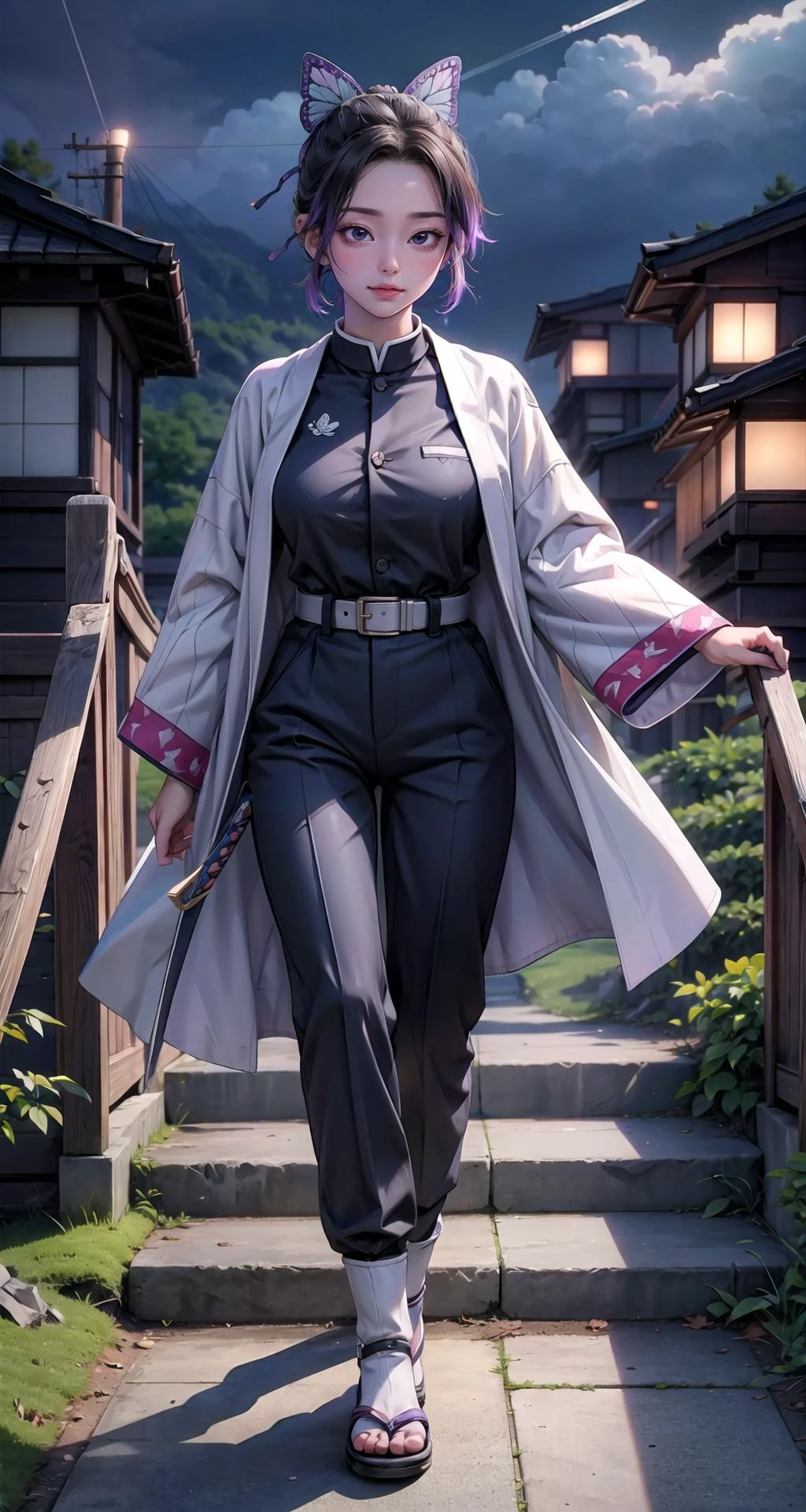 realistic:1.49, (masterpiece),(intricate details),1girl,mature male,pale skin,huge breasts:1.49
BREAK
shinobukochou, <lora:shinobukochoutest:1>, shinobu kochou, animal print, black hair, butterfly, butterfly hair ornament, butterfly print, forehead, gradient hair, hair ornament, haori, multicolored hair, parted bangs, purple hair, short hair, two-tone hair, BREAK belt, black pants, butterfly print, coat, demon slayer uniform, haori, japanese clothes, pants, uniform,((wear a Japanese sword))
BREAK
moon,night,meteor,hanabi,((cumulonimbus)),((walking on the stairs)),((full body)),
from above:1.2,depth of field,looking at viewer,
