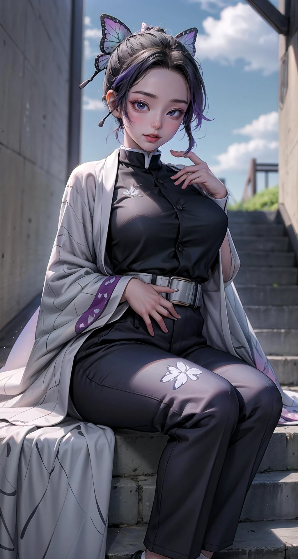 realistic:1.49, (masterpiece),(intricate details),1girl,mature male,pale skin,large breasts:1.49
BREAK
shinobukochou, <lora:shinobukochoutest:1>, shinobu kochou, animal print, black hair, butterfly, butterfly hair ornament, butterfly print, forehead, gradient hair, hair ornament, haori, multicolored hair, parted bangs, purple hair, short hair, two-tone hair, BREAK belt, black pants, butterfly print, coat, demon slayer uniform, haori, japanese clothes, pants, uniform,
BREAK
day,sun,rainbow,((cumulonimbus)),((sit on the stairs)),((portrait)),
from below:1.2,depth of field,looking at viewer,