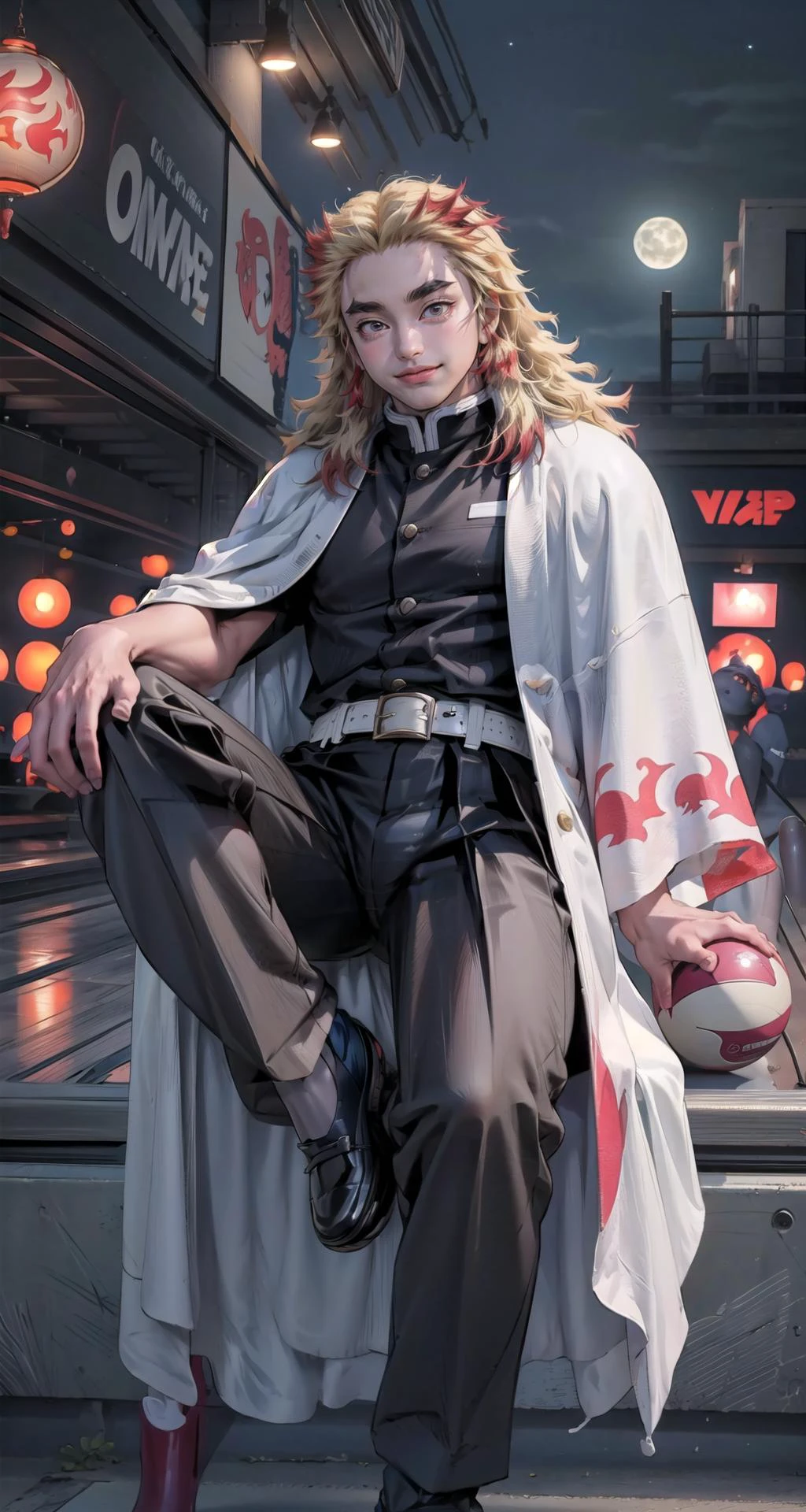 realistic:1.49, (masterpiece),(intricate details),1boy,mature male,Long layered style,,pale skin,huge breasts:1.49
BREAK
<lora:Rengoku_Kyoujurou_v1:0.9>,rengoku kyoujurou, 1boy, blonde hair, thick eyebrows, smile, demon slayer uniform, white cape, flame print, black jacket, belt, black pants, feet out of frame, forest, nature, river, sword, weapon, sheath
BREAK
moon,night,meteor,hanabi,((cumulonimbus)),((sit on the Bowling alley: Bowling balls, pins, shoes, strikes, fun)),((portrait)),
from below:1.2,depth of field,looking at viewer,