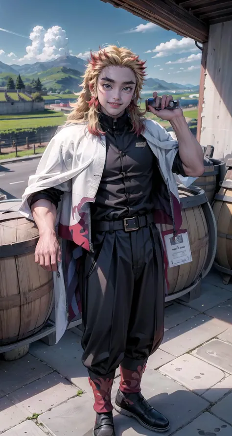 realistic:1.49, (masterpiece),(intricate details),1boy,mature male,Long bold side bangs,,pale skin,large breasts:1.49
BREAK
<lora:Rengoku_Kyoujurou_v1:0.9>,rengoku kyoujurou, 1boy, blonde hair, thick eyebrows, smile, demon slayer uniform, white cape, flame print, black jacket, belt, black pants, feet out of frame, forest, nature, river, sword, weapon, sheath
BREAK
day,sun,rainbow,((cumulonimbus)),((standing on the Wine cellar: Wine bottles, barrels, tasting, vineyards, cellar tour)),((full body)),
from above:1.3,depth of field,looking at viewer,