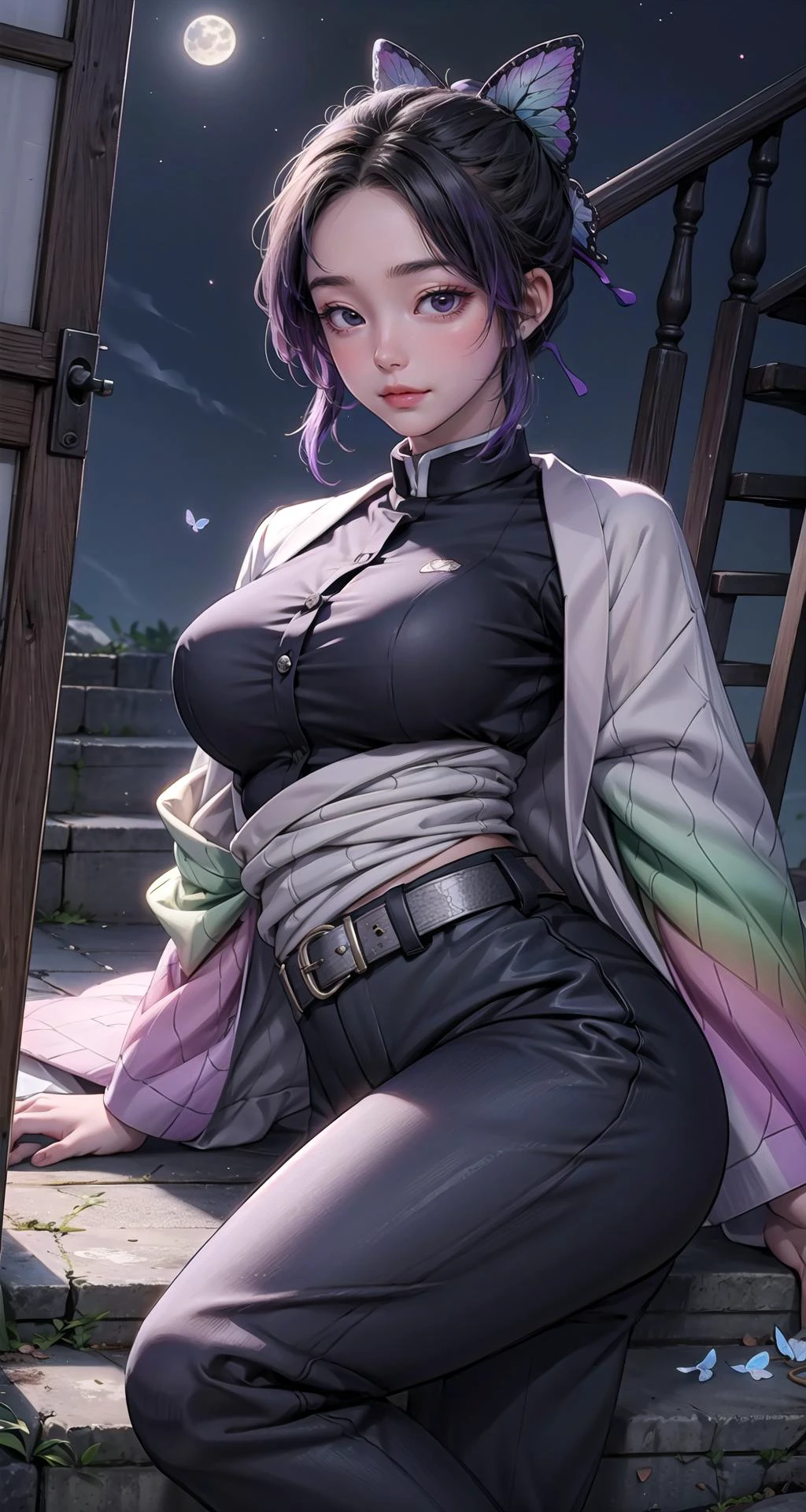 realistic:1.49, (masterpiece),(intricate details),1girl,mature male,pale skin,huge breasts:1.49
BREAK
shinobukochou, <lora:shinobukochoutest:1>, shinobu kochou, animal print, black hair, butterfly, butterfly hair ornament, butterfly print, forehead, gradient hair, hair ornament, haori, multicolored hair, parted bangs, purple hair, short hair, two-tone hair, BREAK belt, black pants, butterfly print, coat, demon slayer uniform, haori, japanese clothes, pants, uniform,((wear a Japanese sword))
BREAK
moon,night,meteor,hanabi,((cumulonimbus)),((lying on the stairs)),((portrait)),
from below:1.3,depth of field,looking at viewer,