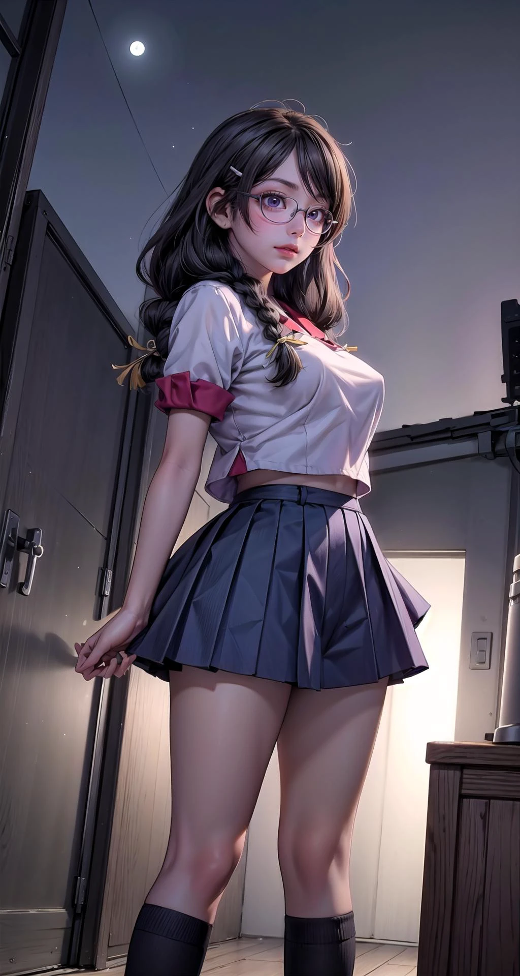 realistic1.49,photorealistic:1.49,film grain:0.4,
(masterpiece),(intricate details),1girl,mature female,pale skin,large breasts:1.49,curious face
BREAK
hanekawatsubasa, <lora:tsubasahanekawatest:1>, hanekawa tsubasa, long hair, black hair, hair ornament, (purple eyes:1.1), braid, hairclip, twin braids, naoetsu high school uniform, glasses, BREAK skirt, school uniform, naoetsu high school uniform|
BREAK
moon,night,meteor,cinematic lighting,((cumulonimbus)),((standing on the anywhere)),
((portrait)),from below:1.4,depth of field,looking at viewer