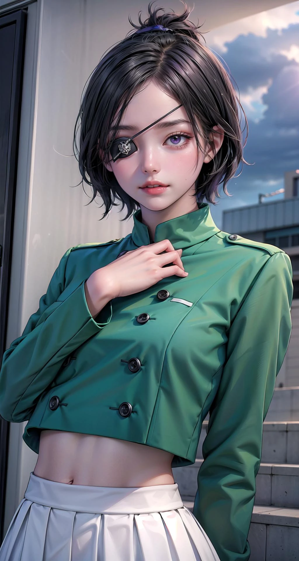 realistic1.49,photorealistic:1.49,film grain:0.4,
(masterpiece),(intricate details),1girl,mature female,pale skin,large breasts:1.49
BREAK
chromedokuro, <lora:chrometest:1>, chrome dokuro, black hair, eyepatch, (purple eyes:1.1), short hair, BREAK crop top, eyepatch, school uniform, serafuku, skirt, green uniform|
BREAK
sunset,dusk,((cumulonimbus)),((reclining on the anywhere)),
((upper body)),from below:1.2,depth of field,looking at viewer