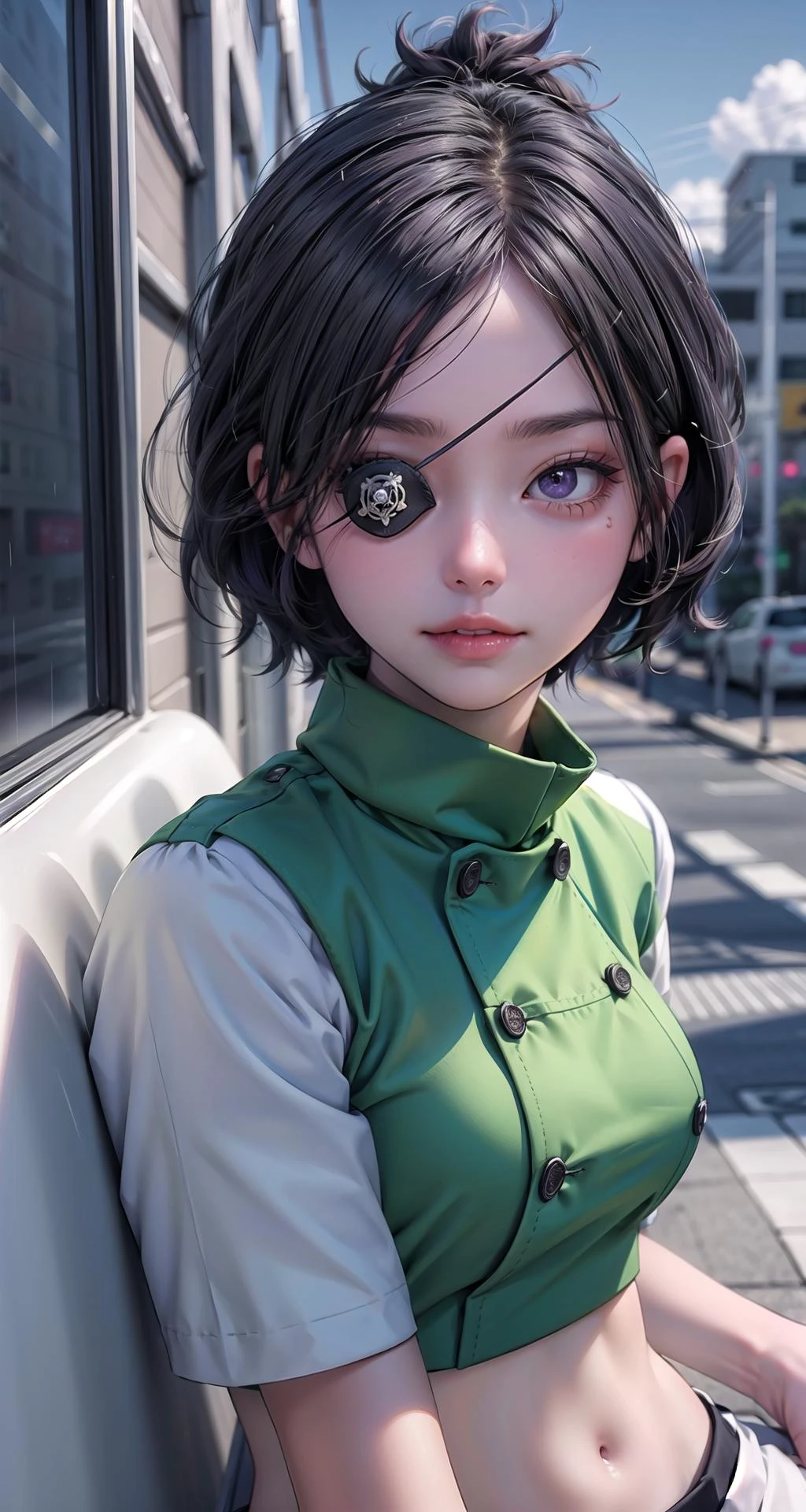 realistic1.49,photorealistic:1.49,film grain:0.4,
(masterpiece),(intricate details),1girl,mature female,pale skin,large breasts:1.49
BREAK
chromedokuro, <lora:chrometest:1>, chrome dokuro, black hair, eyepatch, (purple eyes:1.1), short hair, BREAK crop top, eyepatch, school uniform, serafuku, skirt, green uniform|
BREAK
day,sun,raining,rainbow,((cumulonimbus)),((reclining on the anywhere)),
((upper body)),from above:1.4,depth of field,looking at viewer
