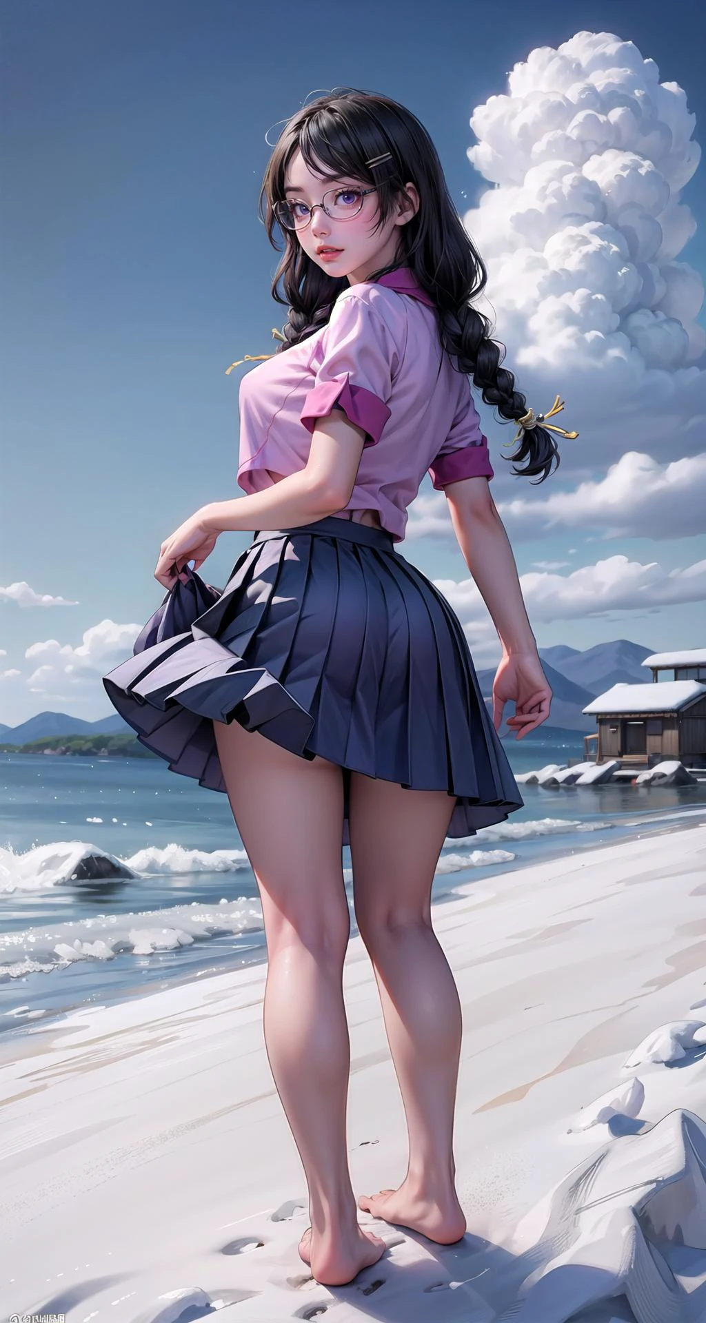 realistic1.49,photorealistic:1.49,film grain:0.4,(masterpiece),(intricate details),1girl,mature female,pale skin,large breasts:1.49,curious face
BREAK
hanekawatsubasa, <lora:tsubasahanekawatest:1>, hanekawa tsubasa, long hair, black hair, hair ornament, (purple eyes:1.1), braid, hairclip, twin braids, naoetsu high school uniform, glasses, BREAK skirt, school uniform, naoetsu high school uniform|
thick thighs:1.1, plump:1.1,((barefoot,sole of the foot)),
BREAK
day,snow,windy,blue sky,ice,((cumulonimbus)),((reclining on the anywhere)),
((full body)),from behind:1.3,depth of field,looking at viewer