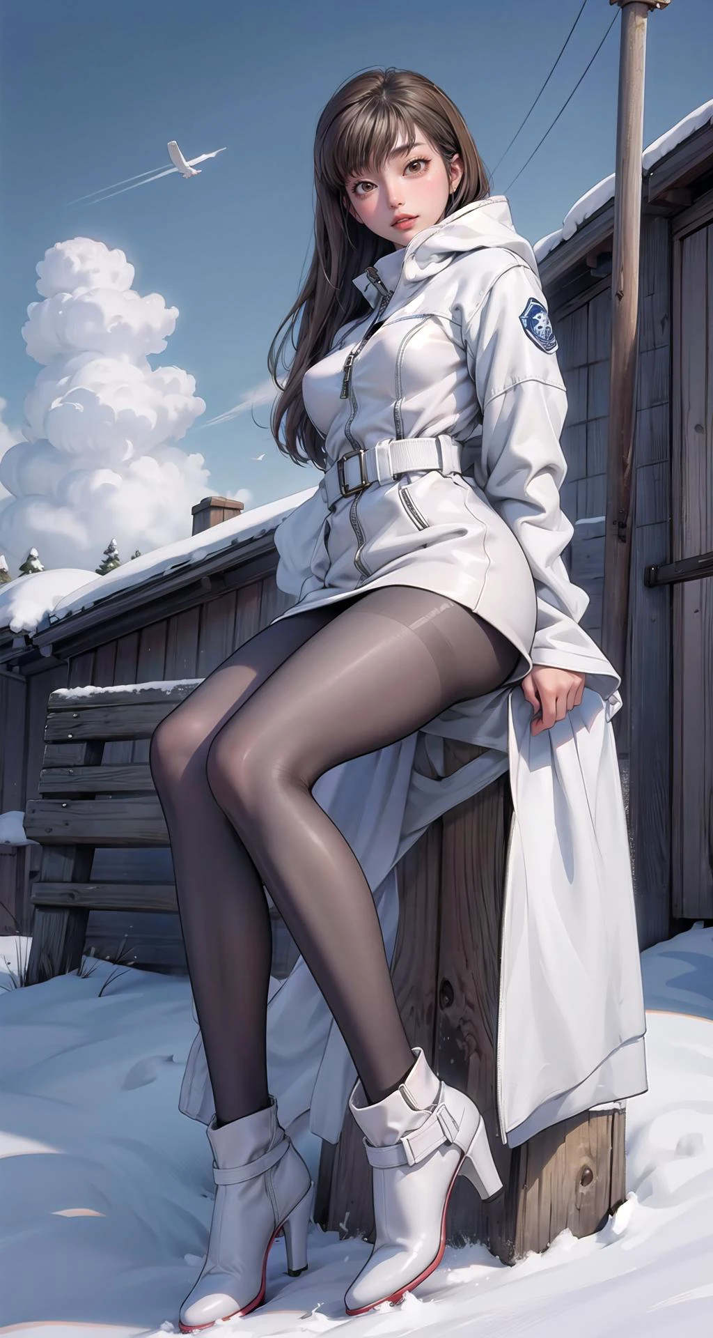 realistic1.49,photorealistic:1.49,film grain:0.4,(masterpiece),(intricate details),1girl,mature female,pale skin,large breasts:1.49,curious face
BREAK
codegeasscc, <lora:cctest:1>, cc, (brown eyes:1.5), green hair, long hair, straight hair, BREAK straitjacket, (white straitjacket:1.5), wide sleeves|
thick thighs:1.1, plump:1.1,((pantyhose,high heels)),
BREAK
day,snow,windy,blue sky,ice,((cumulonimbus)),((sit on the anywhere)),
((full body)),from below:1.3,depth of field,looking at viewer