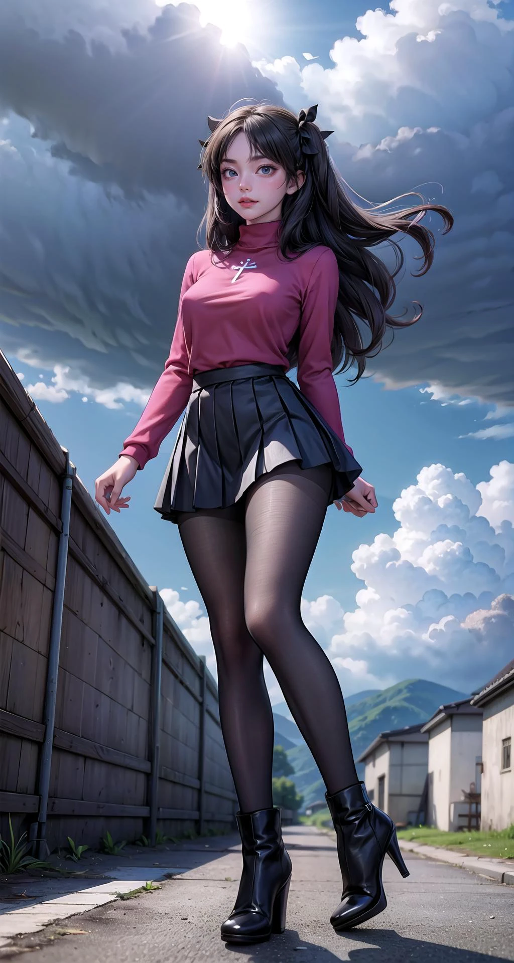 realistic1.49,photorealistic:1.49,film grain:0.4,(masterpiece),(intricate details),1girl,mature female,pale skin,huge breasts:1.49,curious face
BREAK
rintohsaka, <lora:rintohsakatest:1>, rin tohsaka, aqua eyes, black hair, hair ribbon, long hair, ribbon, sidelocks, two side up, BREAK black skirt, black thighhighs, long sleeves, miniskirt, pleated skirt, red sweater, skirt, sweater, thighhighs, turtleneck|
thick thighs:1.1, plump:1.1,((pantyhose,high heels)),
BREAK
day,sun,raining,rainbow,((cumulonimbus)),((standing on the anywhere)),
((upper body)),from below:1.3,depth of field,looking at viewer