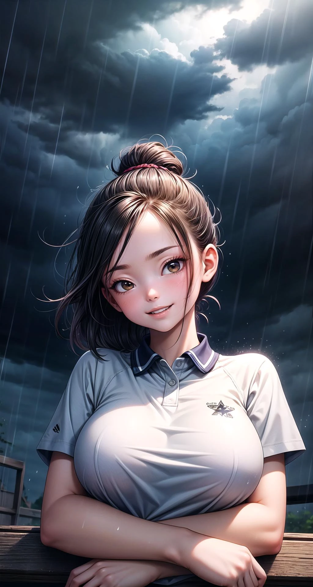 (masterpiece),(intricate details),1girl,mature female,Top knot,,pale skin,large breasts,smile,brown eyes
BREAK
short sleeves polo collar_dress,((baggy socks,converse)),,
((lying on the darkened sky,raining)),((cumulonimbus)),((upper body,portrait)),from below:1.1,depth of field,looking at viewer,<lora:coolpix:0.5>,<lora:flat222:0.5>