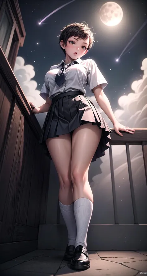 (masterpiece),(intricate details),1girl,mature female,Sleek pixie cut,,pale skin,huge breasts,:o,brown eyes
BREAK 
school uniform,ribborn,pleated skirt
,
((reclining on the moon,night,meteor,cinematic lighting)),((cumulonimbus)),((full body)),from below:1.3,depth of field,looking at viewer