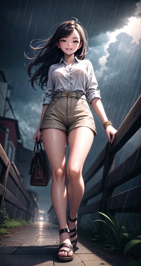 (masterpiece),(intricate details),1girl,mature female,Long bold side bangs,,pale skin,large breasts,smile,brown eyes
BREAK 
, White_linen_button-down_shirt, beige_linen_shorts, nude_sandals, woven_crossbody_bag, gold_bangle_bracelets,,
((walking on the darkened sky,raining)),((cumulonimbus)),((full body)),from below:1.3,depth of field,looking at viewer,<lora:coolpix:1>,<lora:flat222:0.5>