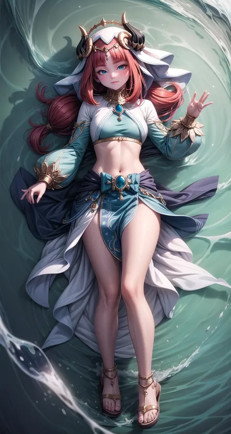 (masterpiece,intricate details),1girl,mature female,touched _face, BREAK nilou, <lora:niloutest:1>, nilou, red hair, twintails, blue eyes, long hair, BREAK blue skirt, bracer, circlet, crop top, dancer, detached sleeves, fake horns, gladiator sandals, gold footwear, gold trim, horns, jewelry, long sleeves, neck ring, puffy long sleeves, puffy sleeves, sandals, skirt, thighlet, thighs, veil, white headwear, white sleeves, white veil| ((lying on the mesmerizing turquoise icebergs of Greenland's Ilulissat Icefjord, a frozen wonderland floating in arctic waters)),((cumulonimbus)),((full body)),from above:1.4,depth of field,looking at viewer,