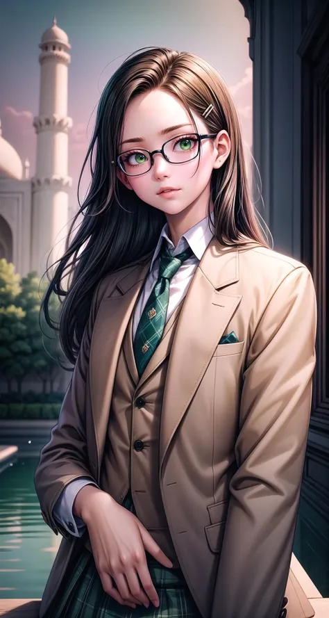 (masterpiece,intricate details),1boy,mature male,evil _face, BREAK yuakusunoki, <lora:yuakusunokitest:1>, yua kusunoki, long hair, blonde hair, hair ornament, (green eyes:1.5), glasses, hairclip, BREAK skirt, school uniform, jacket, necktie, plaid, plaid skirt, long skirt, blazer, (brown blazer:1.5), (brown jacket:1.5), (blue skirt:1.2)| ((sit on the vibrant orange hues of the Taj Mahal at sunset, reflecting in the tranquil waters of the surrounding gardens)),((cumulonimbus)),((upper body,portrait)),from below:1.3,depth of field,looking at viewer,