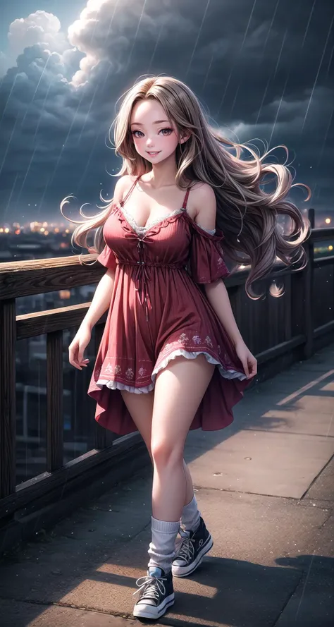 (masterpiece),(intricate details),1girl,mature female,Long hair with natural waves,,pale skin,large breasts,smile,brown eyes
BREAK 
ta_dress,((baggy socks,converse)),,
((walking on the darkened sky,raining)),((cumulonimbus)),((full body)),from above:1.1,depth of field,looking at viewer,<lora:coolpix:0.5>,<lora:flat222:0.5>