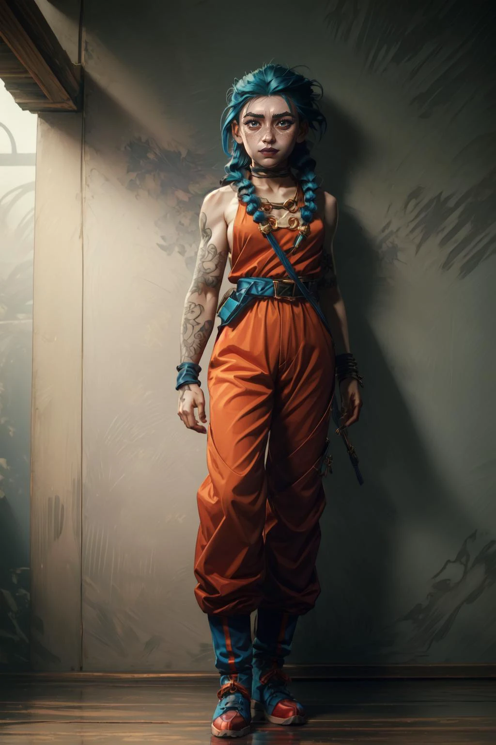 (masterpiece, best quality), intricate details,
1girl, <lora:41_ArcaneJinx:0.8> ChopioArcaneJinx, long hair, blue hair, shiny hair, freckles, braid, twin braids, tattoo, asymmetrical bangs, arm tattoo, shoulder tattoo, lipstick, mascara, pale skin, (looking at viewer:1.2),
<lora:SonGokusOutfit:0.8> TurtleSchoolUniform, dougi, belt, orange pants, blue footwear,