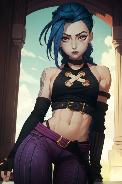 (masterpiece, best quality), intricate details,
1girl, <lora:41_ArcaneJinx:0.8> ChopioArcaneJinx, long hair, blue hair, shiny hair, freckles, braid, twin braids, tattoo, asymmetrical bangs, arm tattoo, shoulder tattoo, lipstick, mascara, pale skin, (looking at viewer:1.2),
outfit_default, bare shoulders, crop top, striped, belt, striped pants, pink pants, brown belt, belt, striped sleeves, detached sleeves, fingerless gloves, gloves, midriff, navel, black footwear, boots,