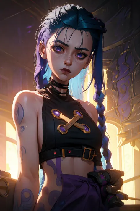 ((best quality)), ((masterpiece)), (detailed),cosmic dress, cosmic beauty, 1girl, <lora:ArcaneJinx-v1-01:0.7>, ChopioArcaneJinx, long hair, blue hair, shiny hair, freckles, braid, twin braids, tattoo, asymmetrical bangs, arm tattoo, shoulder tattoo, lipstick, mascara, pale skin, outfit_default, bare shoulders, crop top, purple psychic energy from eyes, mysterious lighting, , masterpiece,ultra realistic,32k,extremely detailed CG unity 8k wallpaper, best quality, soft lighting ,vibrant colors,gorgeous light and shadow