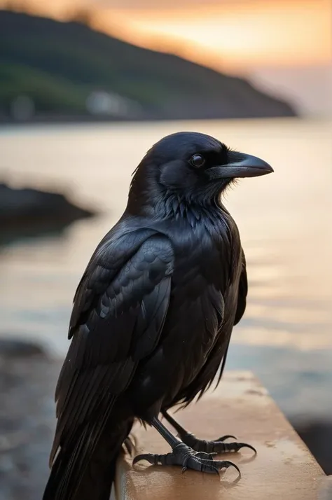Picture a high-quality, close-up photograph capturing the enigmatic beauty of a crow's head in sharp detail. The crow's wise eyes are the focal point, deep and reflective, mirroring the entire world within their gaze. They hold an almost mystical quality, reflecting a miniature panorama of the surrounding landscape at sunset. The warm, golden hues of the fading sun bathe the scene, accentuating the intricate textures of the crow's feathers and adding a soft, ethereal glow to the image. The crow is looking directly into the camera, its gaze piercing and direct, creating an intense connection with the viewer. In its eyes, the faraway ocean and islands are glimpsed, subtly blurred in the background, enhancing the sense of depth and isolation. This image is framed with a careful balance of zoom and depth of field, ensuring the crowâs face is in sharp focus while the background fades into a dreamy bokeh, emphasizing the profound and solitary figure of the crow against the vastness of the world.