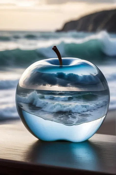 Imagine a photograph capturing an extraordinary and surreal subject: a transparent apple, crystal clear and perfectly formed, revealing a highly detailed, tumultuous miniature sea raging within. The apple sits boldly in the center of the frame, its smooth, glass-like surface reflecting light and offering a window into the dynamic scene inside. Within, the stormy sea is a marvel of miniaturization - tiny waves crest and crash with realistic ferocity, and if one looks closely, minute flashes of lightning and swirls of wind can be discerned, adding to the tempest's drama. The background of the photo is intentionally simple, perhaps a soft, neutral color or a subtle gradient, ensuring that all attention is drawn to the striking contrast between the serene exterior of the apple and the wild, chaotic seascape it contains. The lighting is key, illuminating the apple in a way that highlights the intricate details of the storm inside while maintaining the overall clarity and impact of the image.