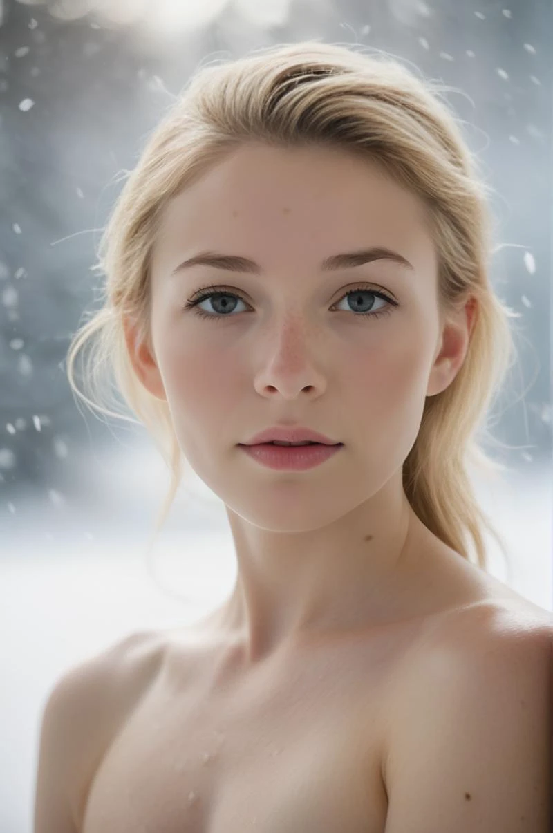 photograph of a cute girl, blonde hair, pale skin, freckles, blush, (topless:1.1), innocentl, snowfall, Porta 160 color, shot on ARRI ALEXA 65, bokeh, sharp focus on subject, shot by Don McCullin, nsfw