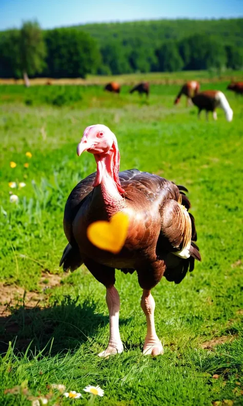 cinematic still anthroid turkey walking in the farm meadow on a beautiful spring day . emotional, harmonious, vignette, 4k epic detailed, shot on kodak, 35mm photo, sharp focus, high budget, cinemascope, moody, epic, gorgeous, film grain, grainy, anthroid turkey walking in the farm meadow on a beautiful spring day, intricate, elegant, highly detailed, wonderful colors, glowing, sharp focus, epic composition, joyful, magical atmosphere, cinematic, sunny, background, magic, professional, extremely, inspired, stunning, unique, iconic, creative, best, relaxed, artistic, calm, cute, friendly, adorable, cool