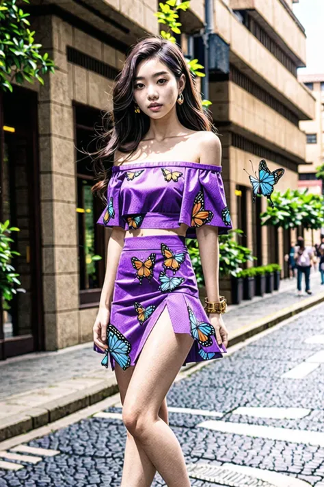 A fair-skinned woman is standing with a leg slightly bent at the Gardens by the Bay in Singapore, wearing a purple, alluring short skirt and matching bra.