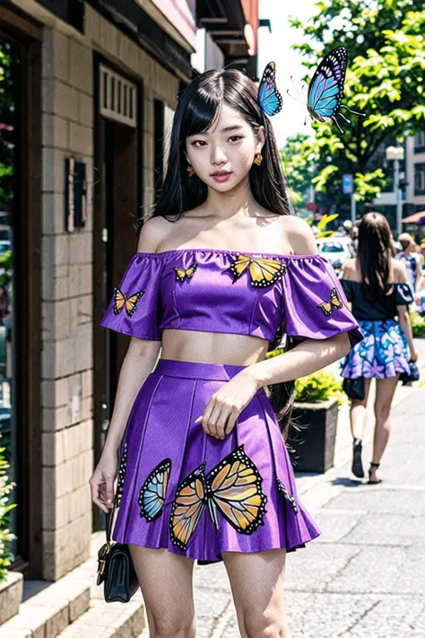1woman,long hair,realistic,masterpiece,high detailed skin,looking at viewer,outdoor view,solo,full body shot,
<lora:Butterfly_CropTop_Micro_Skirt_By_Stable_Yogi:0.8>,purple micro skirt,off shoulder crop top,butterfly print,<lora:clarityAndTuningSkin_v3-LCM:1>,