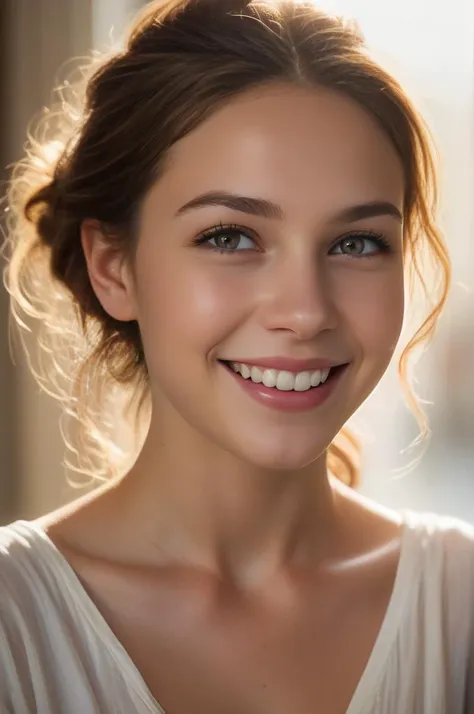 epic portrait of a beautiful girl with an unnaturally wide smile, beautiful!, dewy skin, ethereal, painting, concept art, warm lighting, greg rutkowski