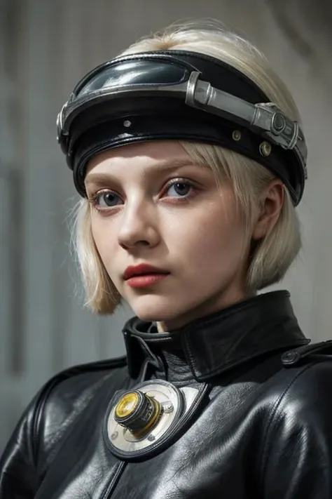 award winning movie still of a melodrama, full shot of a young platinum blond russian girl, wearing (russian soviet scifi retro futurist fashion, used worn out black leather:1.5), (sinister severe strict morbid expression:1.2), cornea reflections, rseemma, dry skin, skin pores, skin bump, skin fuzz, vellus hair, goose bump, subsurface scattering, transluscency, intricately detailed, dramatic lighting, analog film grain finishing, DSLRQuality-Realism