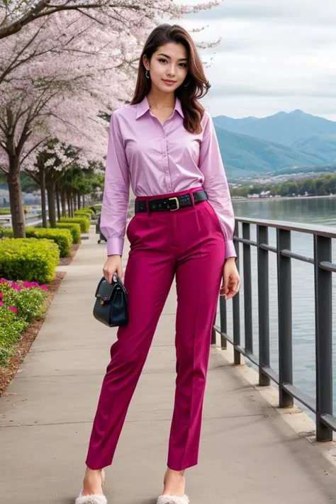 1 woman, detailed, realistic, standing, full body shot, scenic view, noon
<lora:Shirt Pants by Stable Yogi:0.5>magenta shirt, long sleeves, pants belt, bag, slippers