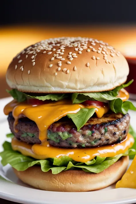 Photo of a burger with cheese from food photograph, food photography, photorealistic, ultra realistic, maximum detail, foreground focus, recipes.com, epicurious, instagram, 8k, volumetric light, cinematic, octane render, uplight, no blur, depth of field, dof, bokeh