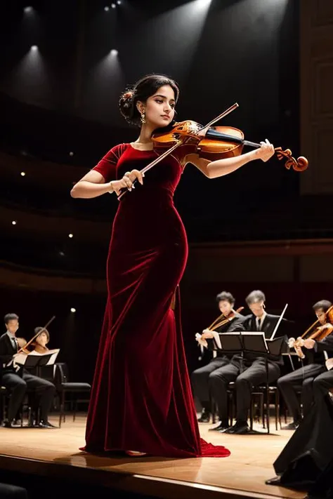 7. Female violinist (ethnicity: South Asian, age: late 20s) on a grand stage (setting: elegant, classical concert hall). She's in a formal evening gown (fabric: velvet, deep red) with her hair styled in a sophisticated updo, and refined makeup. She's playing a violin (expression: passionate, absorbed), the spotlight highlighting her and the orchestra behind.