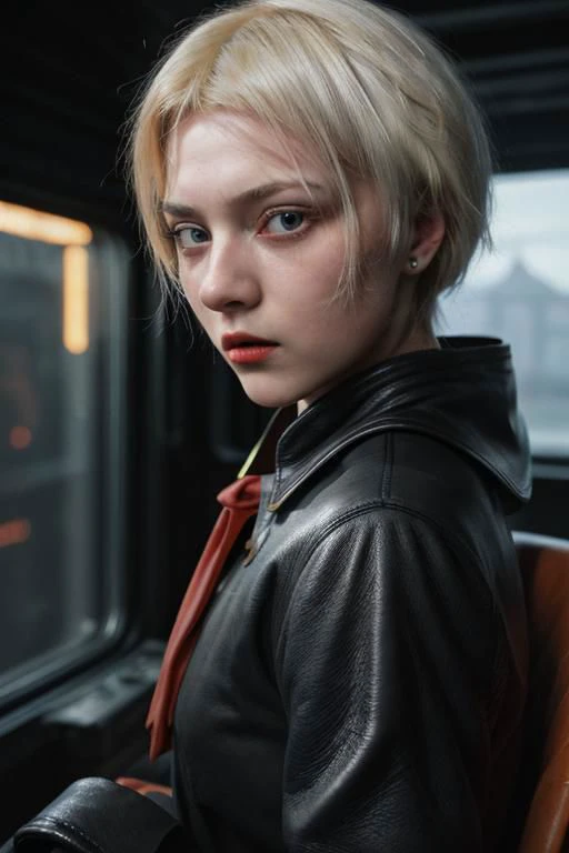 award winning movie still of a melodrama, full shot of a young platinum blond russian girl, wearing (russian soviet scifi retro futurist fashion, used worn out black leather:1.5), (sinister severe strict morbid expression:1.2), cornea reflections, rseemma, dry skin, skin pores, skin bump, skin fuzz, vellus hair, goose bump, subsurface scattering, transluscency, intricately detailed, dramatic lighting, analog film grain finishing, DSLRQuality-Realism